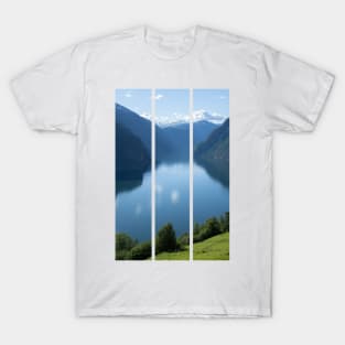 Wonderful landscapes in Norway. Vestland. Beautiful scenery of Aurland fjord from the Aurlandsvangen view point facing to the village of Aurland and Flam. Sunny day (vertical) T-Shirt